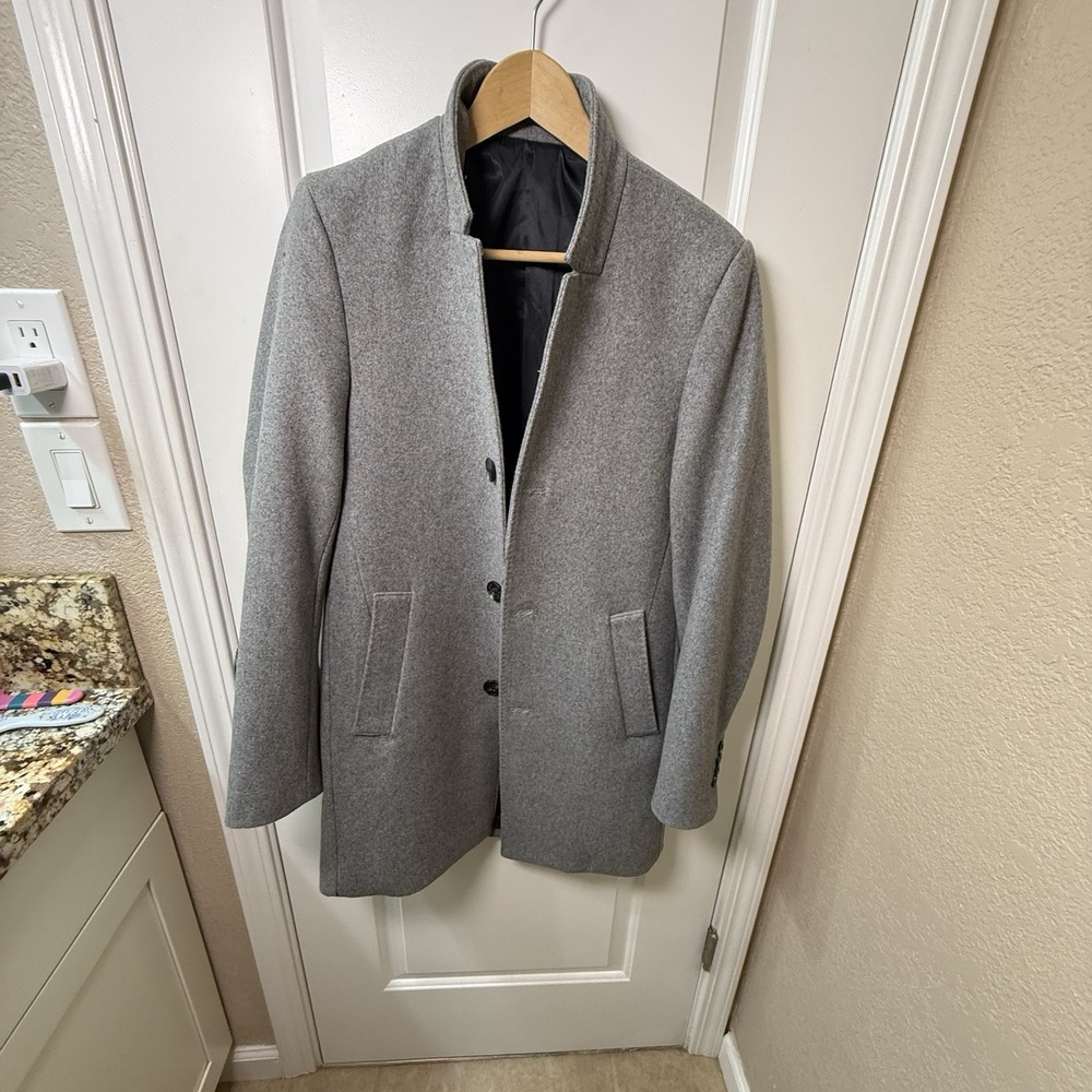 H&M Mens 34R Gray Wool Blend Overcoat Topcoat Stand Collar Lined Slim Fit
